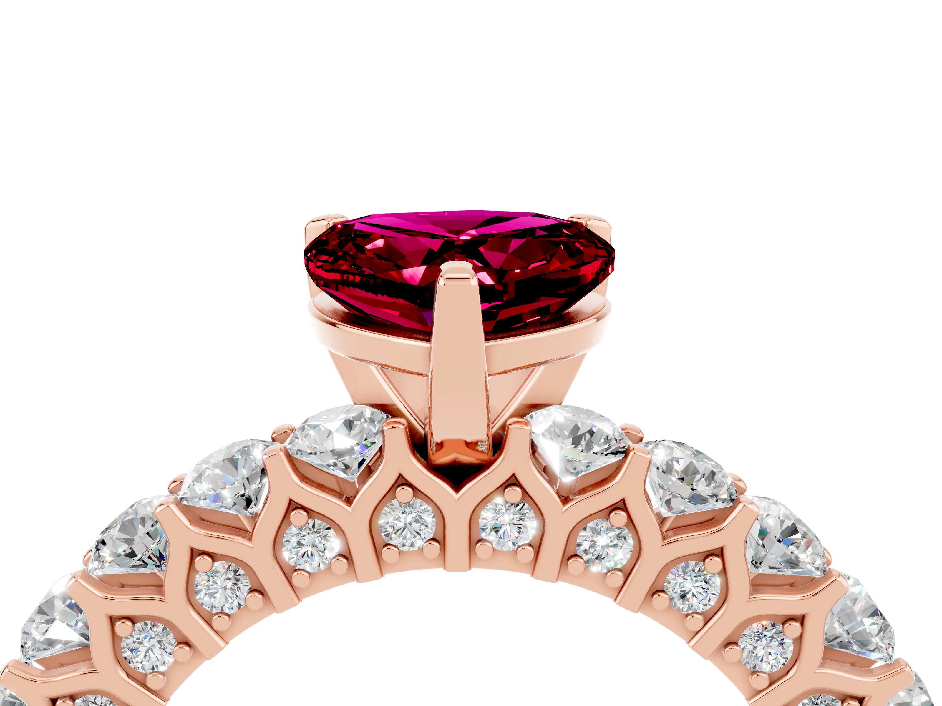 Rose gold Heart Cut Garnet Solitaire Ring with Shared Prong Pavé Band and Four-Prong Setting_4