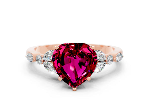 Rose gold Heart Cut Garnet Solitaire Ring with Side Stones and Four-Prong Setting