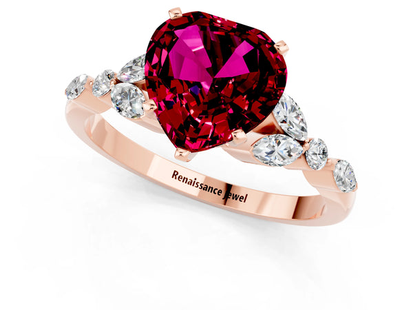 Rose gold Heart Cut Garnet Solitaire Ring with Side Stones and Four-Prong Setting