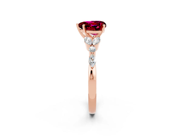 Rose gold Heart Cut Garnet Solitaire Ring with Side Stones and Four-Prong Setting