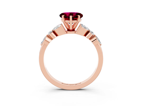 Rose gold Heart Cut Garnet Solitaire Ring with Side Stones and Four-Prong Setting