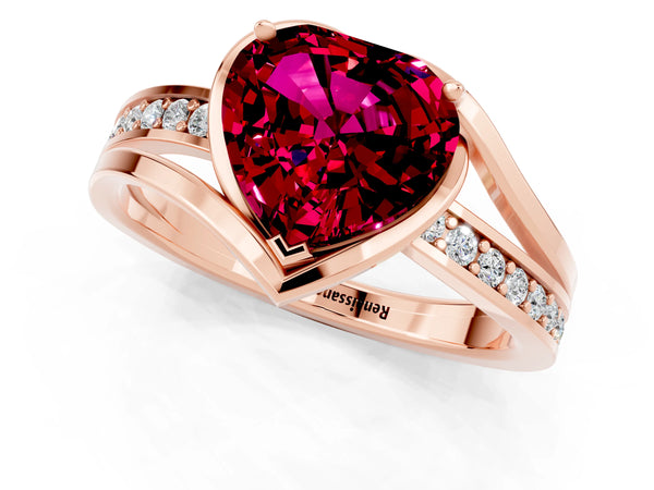 Rose gold Heart Cut Garnet Solitaire Ring with Split Shank and Prong Setting