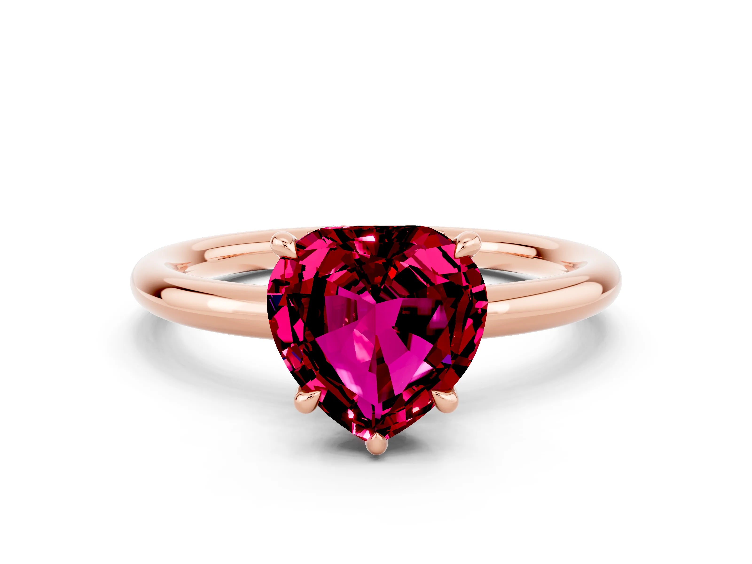 Rose gold Heart Cut Garnet Solitaire Ring with Thin Band and Four-Prong Setting