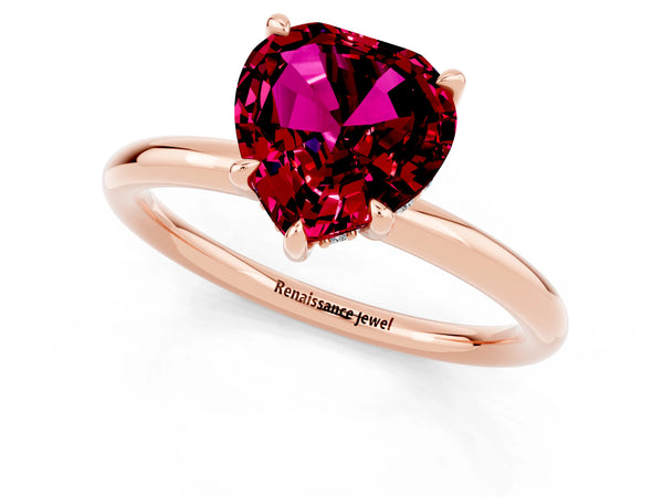 Rose gold Heart Cut Garnet Solitaire Ring with Thin Band and Four-Prong Setting