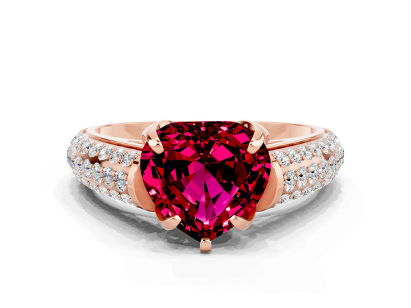 Rose gold Heart Cut Garnet Solitaire Ring with Three-Row Pavé Band and Four-Prong Setting