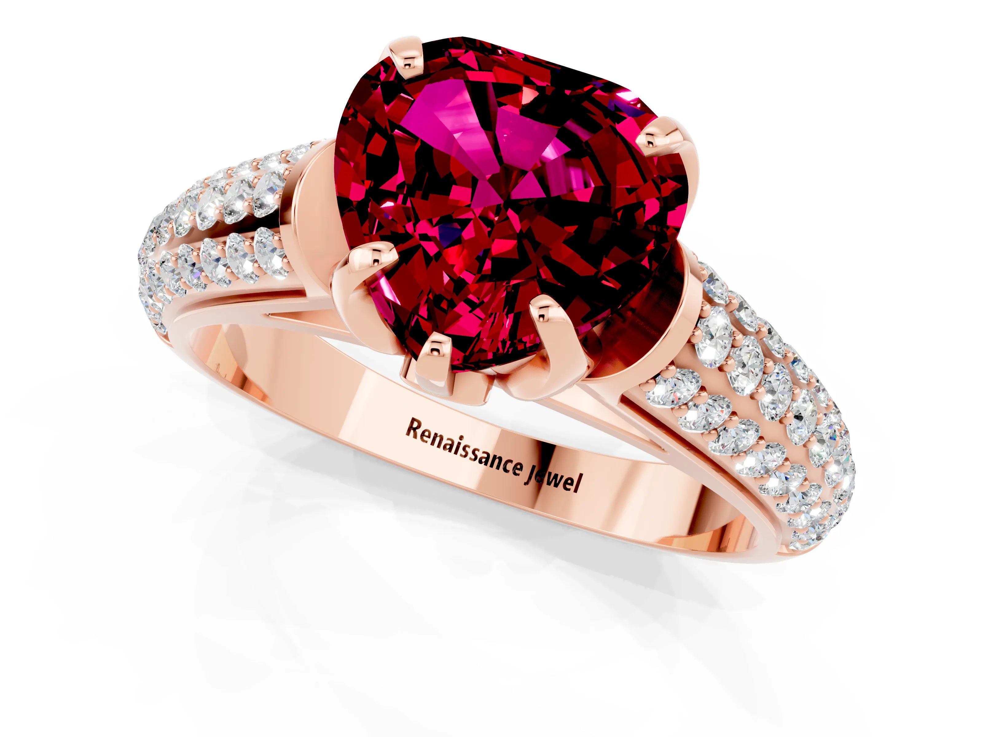 Rose gold Heart Cut Garnet Solitaire Ring with Three-Row Pavé Band and Four-Prong Setting_13