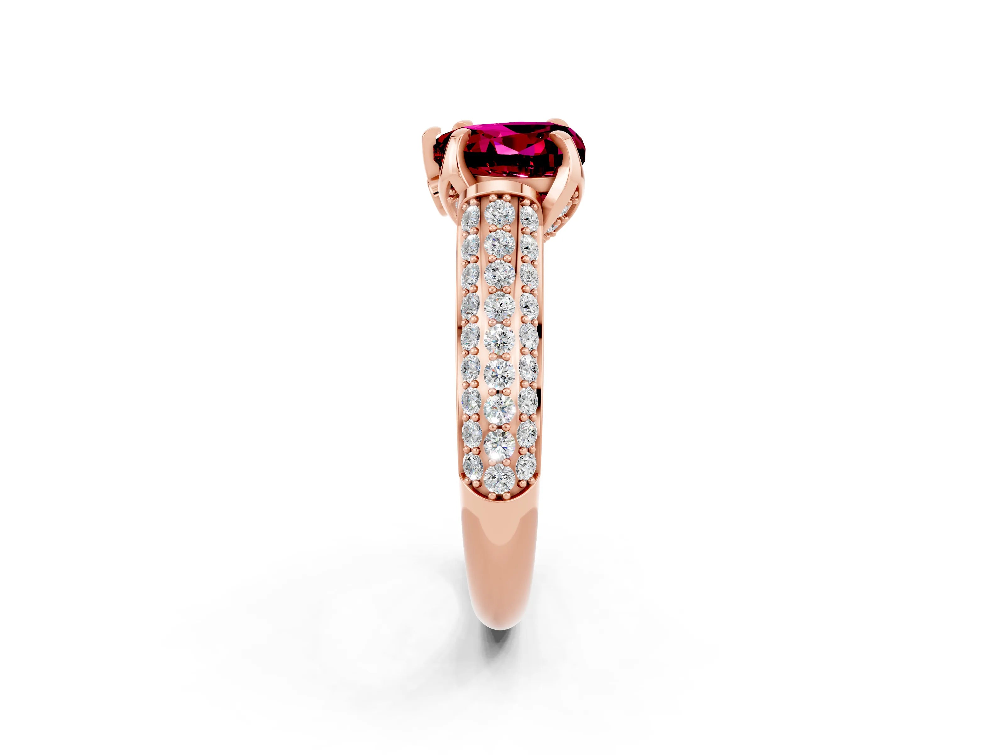 Rose gold Heart Cut Garnet Solitaire Ring with Three-Row Pavé Band and Four-Prong Setting_14