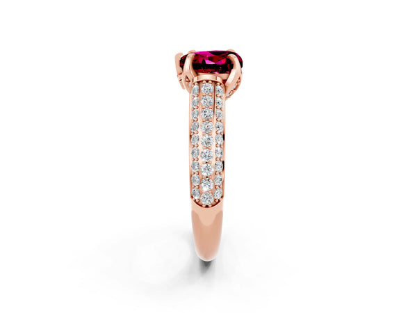 Rose gold Heart Cut Garnet Solitaire Ring with Three-Row Pavé Band and Four-Prong Setting