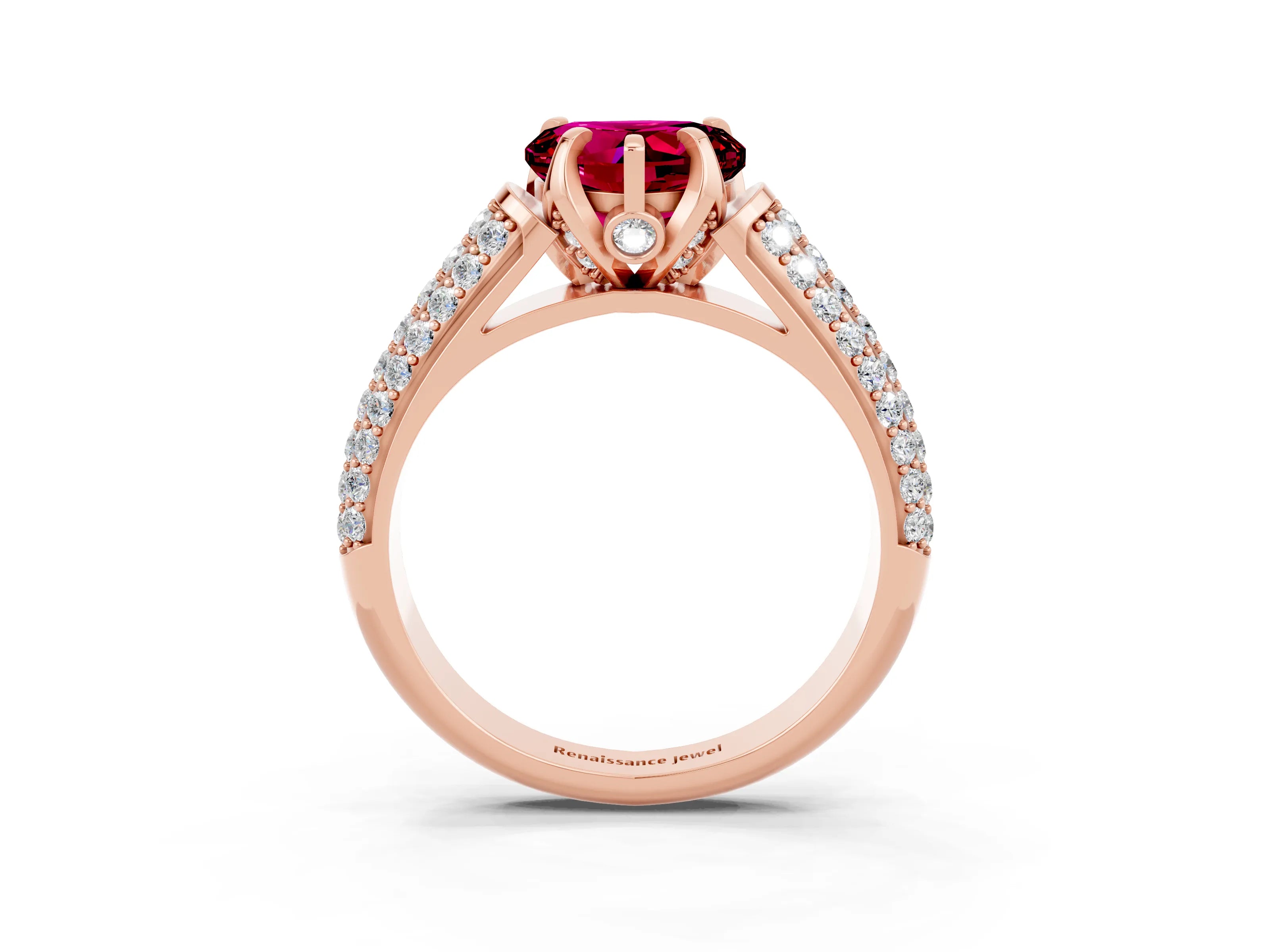 Rose gold Heart Cut Garnet Solitaire Ring with Three-Row Pavé Band and Four-Prong Setting_15