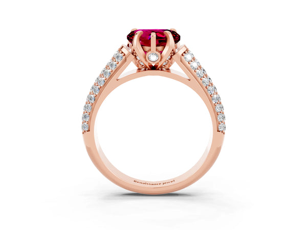 Rose gold Heart Cut Garnet Solitaire Ring with Three-Row Pavé Band and Four-Prong Setting