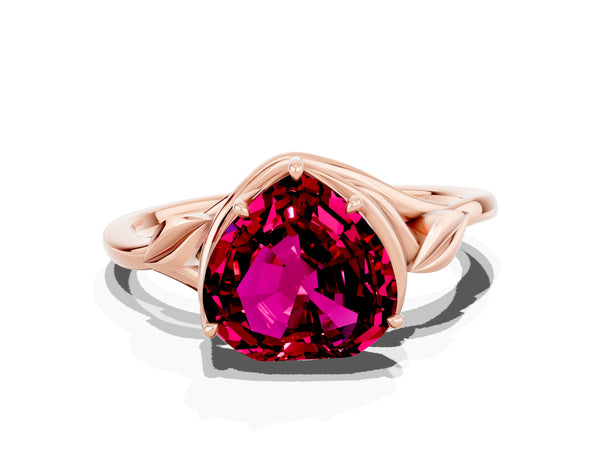 Rose gold Heart Cut Garnet Solitaire Ring with Twist Band and Four-Prong Setting