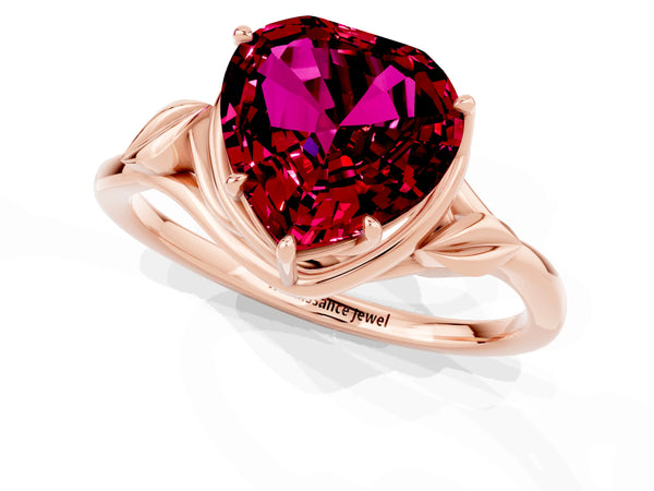 Rose gold Heart Cut Garnet Solitaire Ring with Twist Band and Four-Prong Setting
