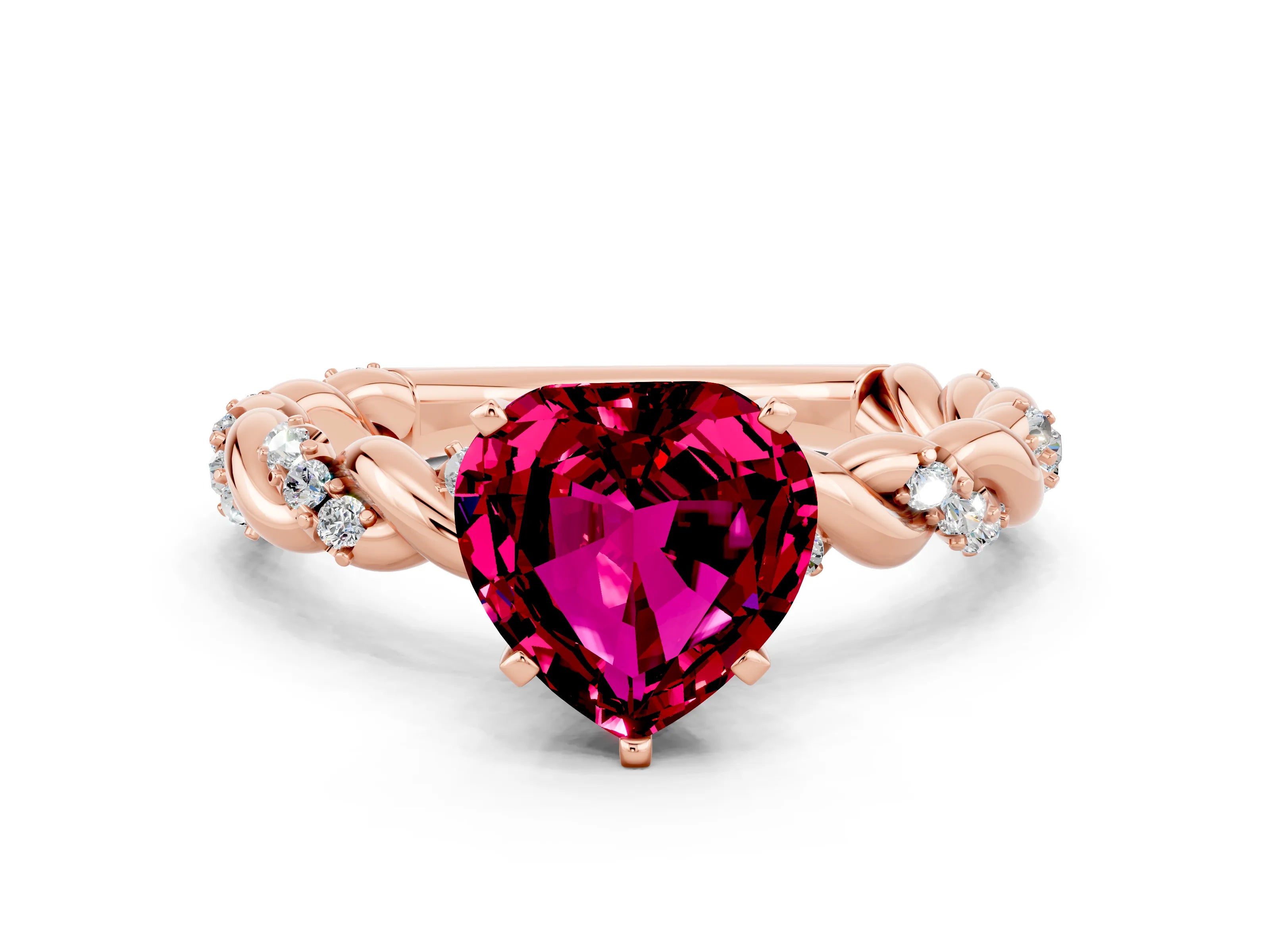 Rose gold Heart Cut Garnet Solitaire Ring with Twisted Band and Pavé Accents