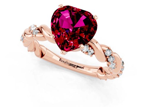 Rose gold Heart Cut Garnet Solitaire Ring with Twisted Band and Pavé Accents_1