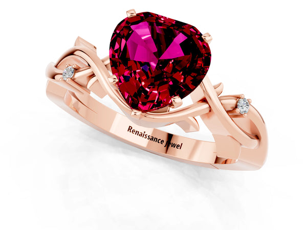 Rose gold Heart Cut Garnet Solitaire Ring with Twisted Band and Prong Setting