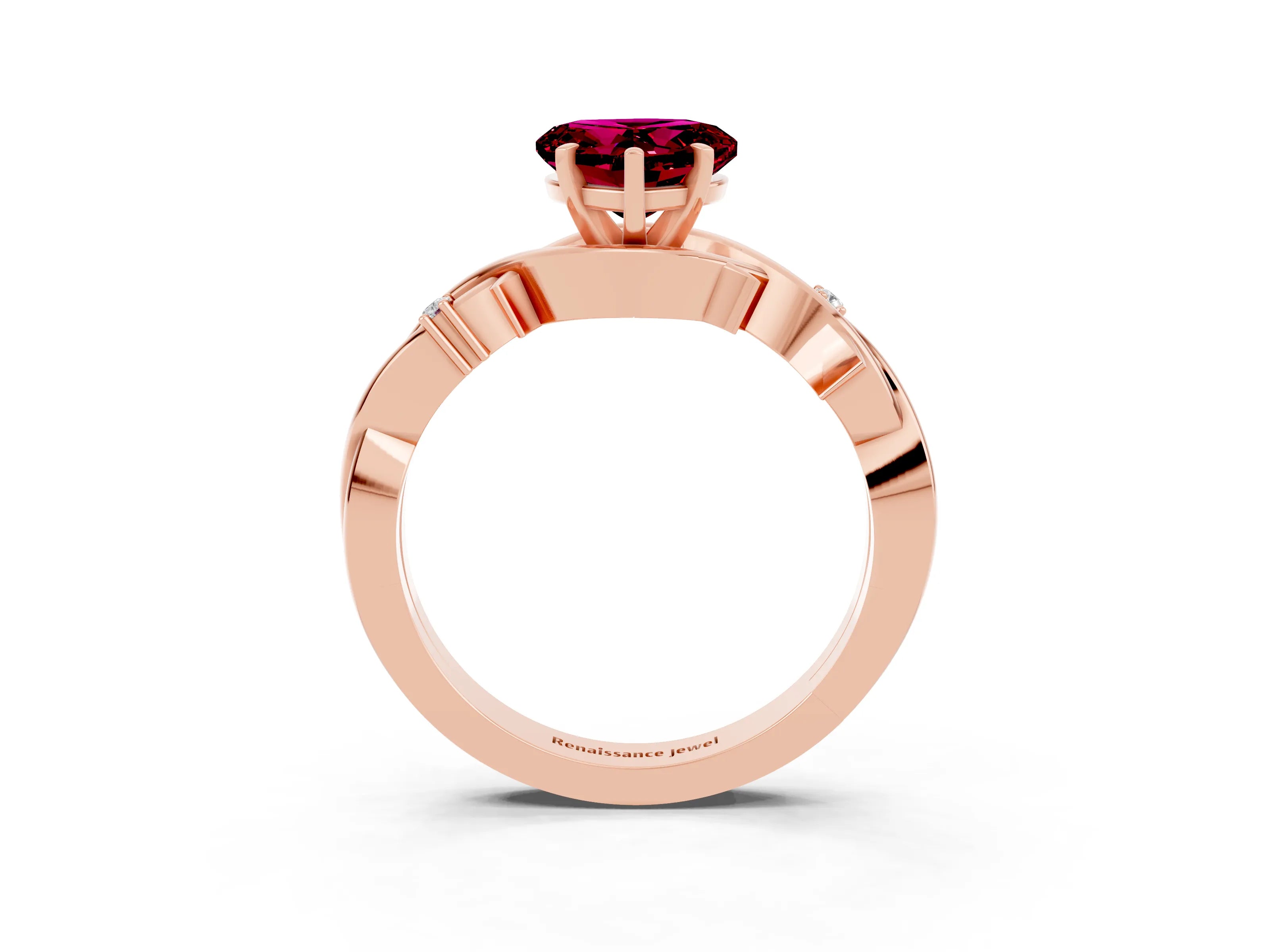 Rose gold Heart Cut Garnet Solitaire Ring with Twisted Band and Prong Setting_3