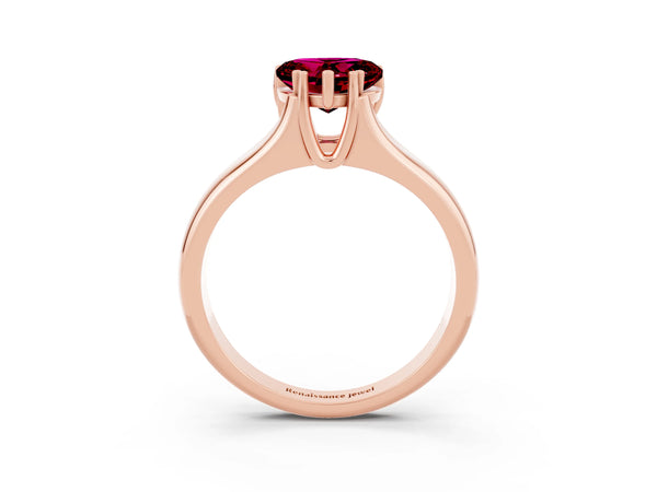 Rose gold Heart Cut Garnet Solitaire Ring with Wide Band and Prong Setting
