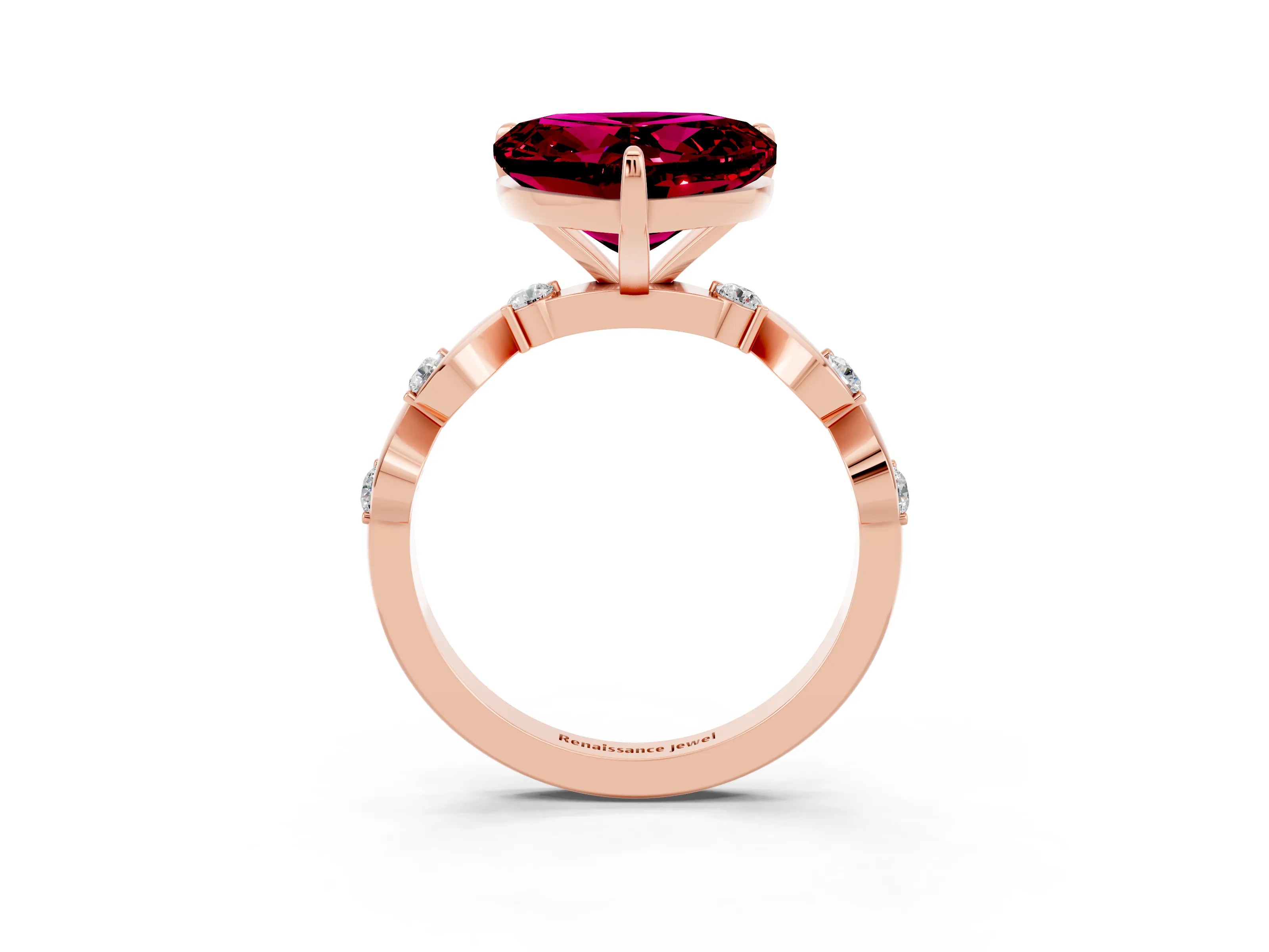 Rose gold Heart Cut Garnet Solitaire Twisted Band with Round  Accents and Prong Setting_15