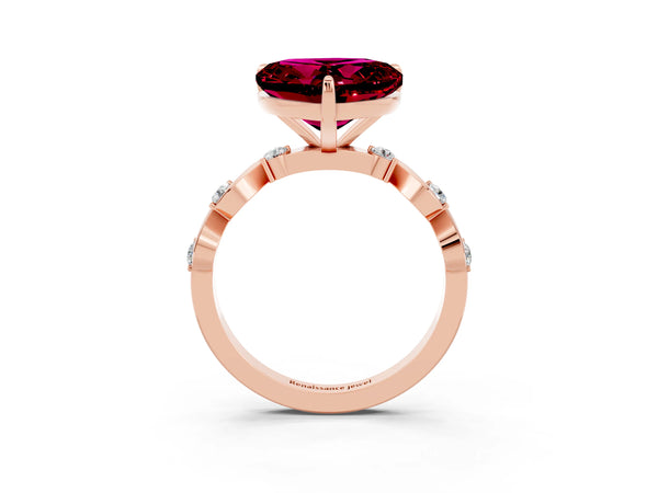 Rose gold Heart Cut Garnet Solitaire Twisted Band with Round  Accents and Prong Setting