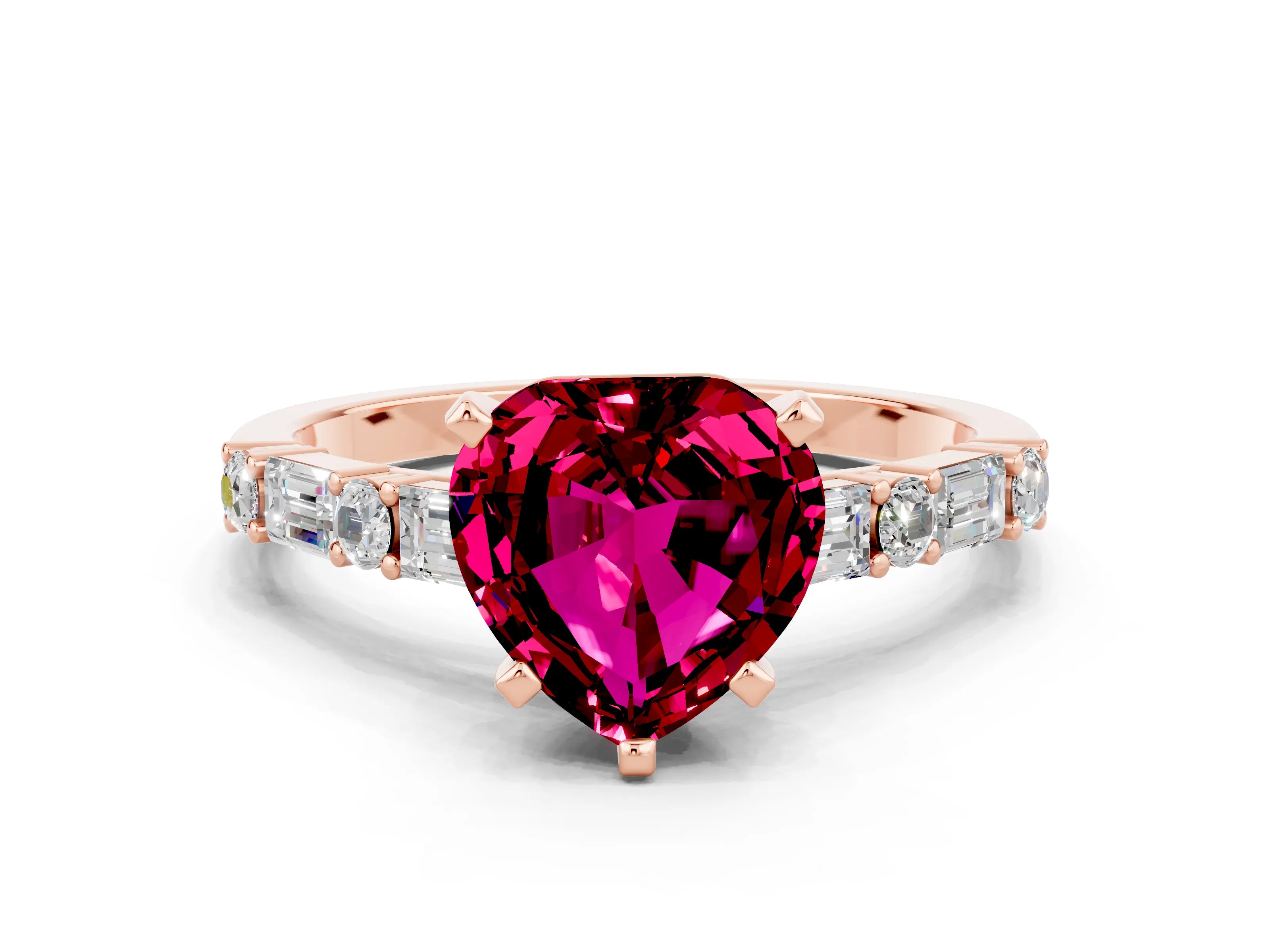 Rose gold Heart Cut Garnet Solitaire with Side Baguettes and Channel Set Band