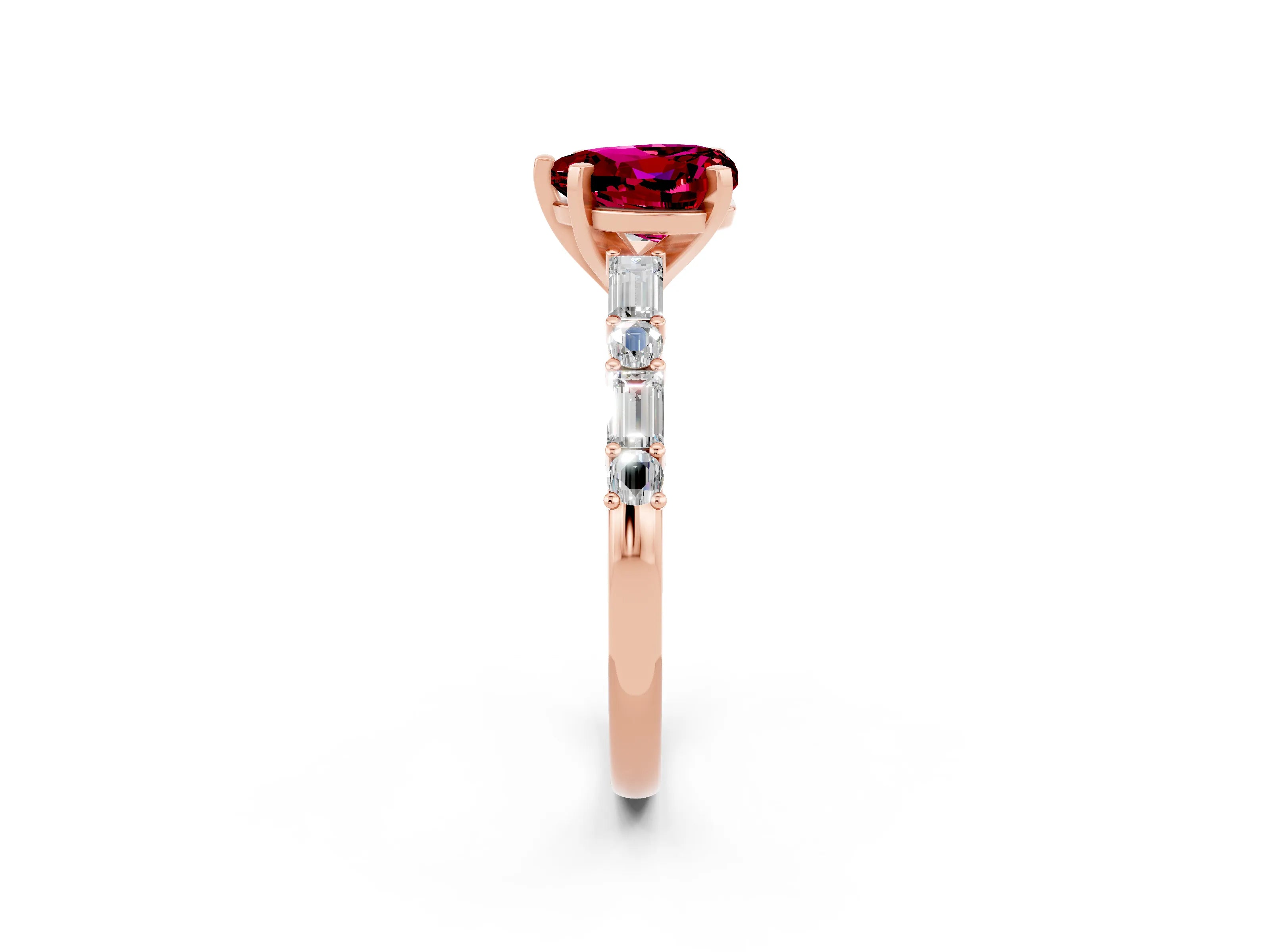 Rose gold Heart Cut Garnet Solitaire with Side Baguettes and Channel Set Band_2