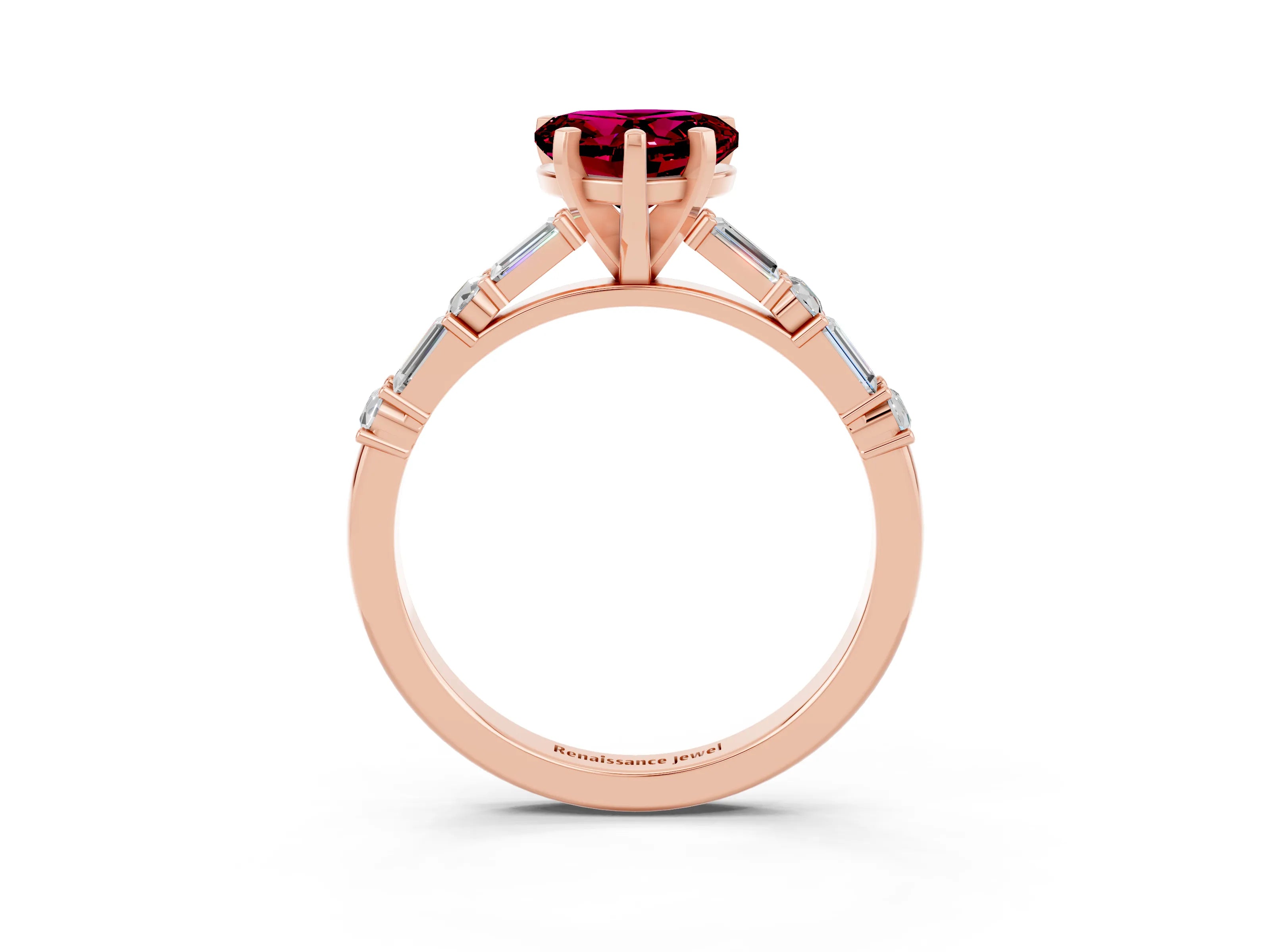 Rose gold Heart Cut Garnet Solitaire with Side Baguettes and Channel Set Band_3
