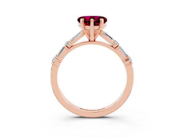 Rose gold Heart Cut Garnet Solitaire with Side Baguettes and Channel Set Band