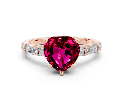 Rose gold Heart Cut Garnet Solitaire with Side Baguettes and Channel Set Band