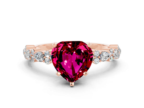 Rose gold Heart Cut Garnet Side Stone Solitaire Ring with Round  and Four-Prong Setting