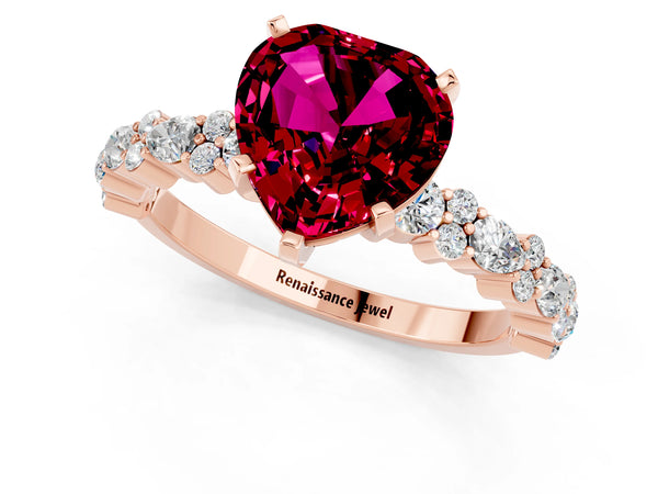 Rose gold Heart Cut Garnet Side Stone Solitaire Ring with Round  and Four-Prong Setting