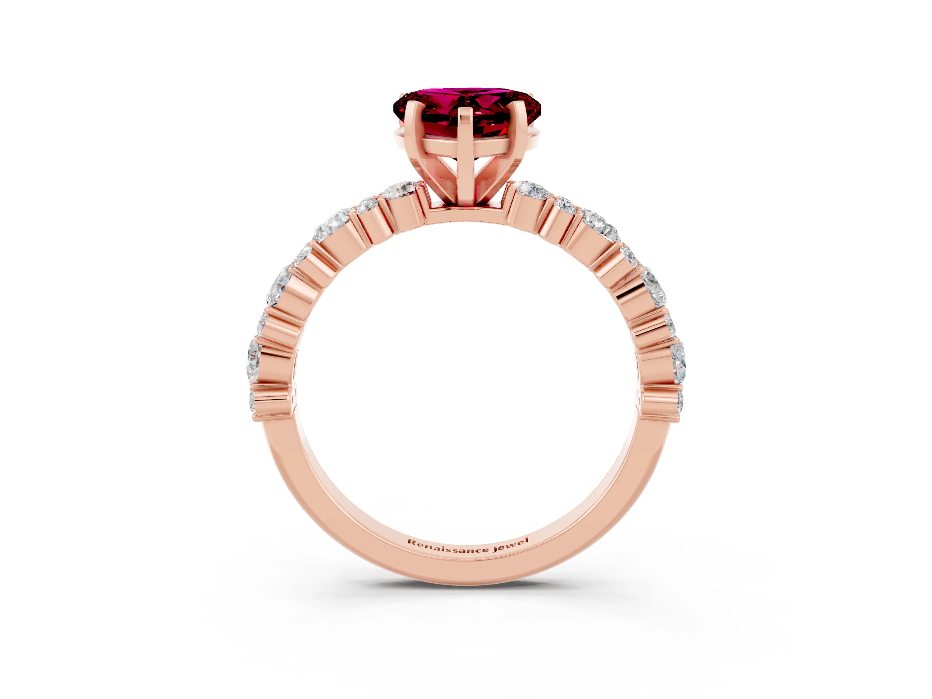 Rose gold Heart Cut Garnet Solitaire with Side Stones, Pave Band, Four-Prong Setting_27