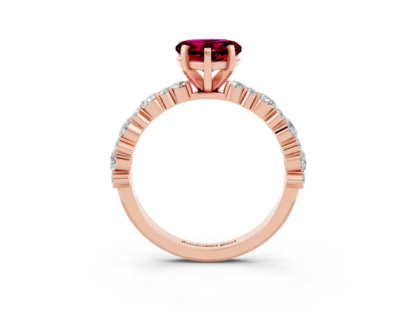 Rose gold Heart Cut Garnet Side Stone Solitaire Ring with Round  and Four-Prong Setting
