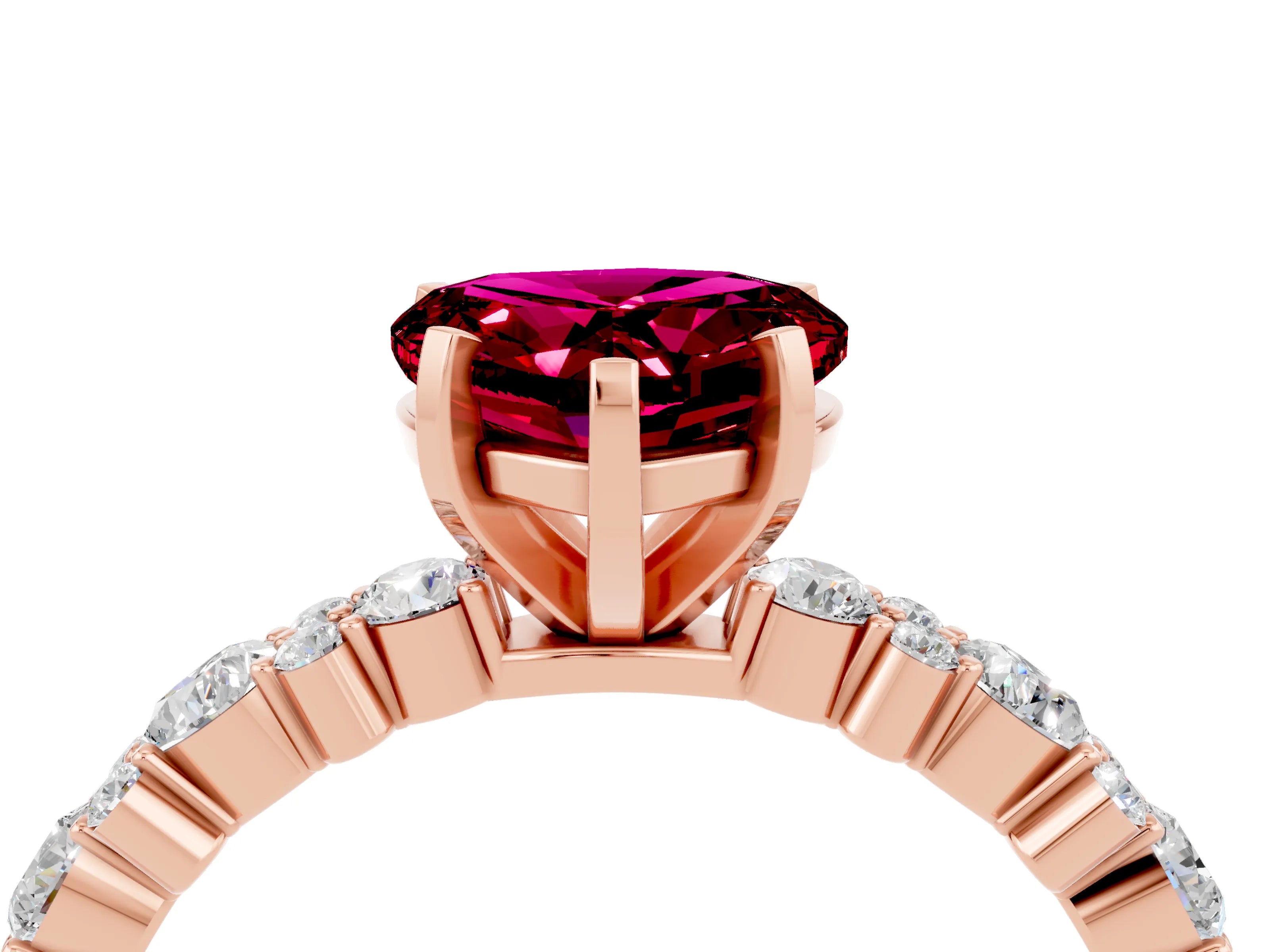 Rose gold Heart Cut Garnet Solitaire with Side Stones, Pave Band, Four-Prong Setting_28