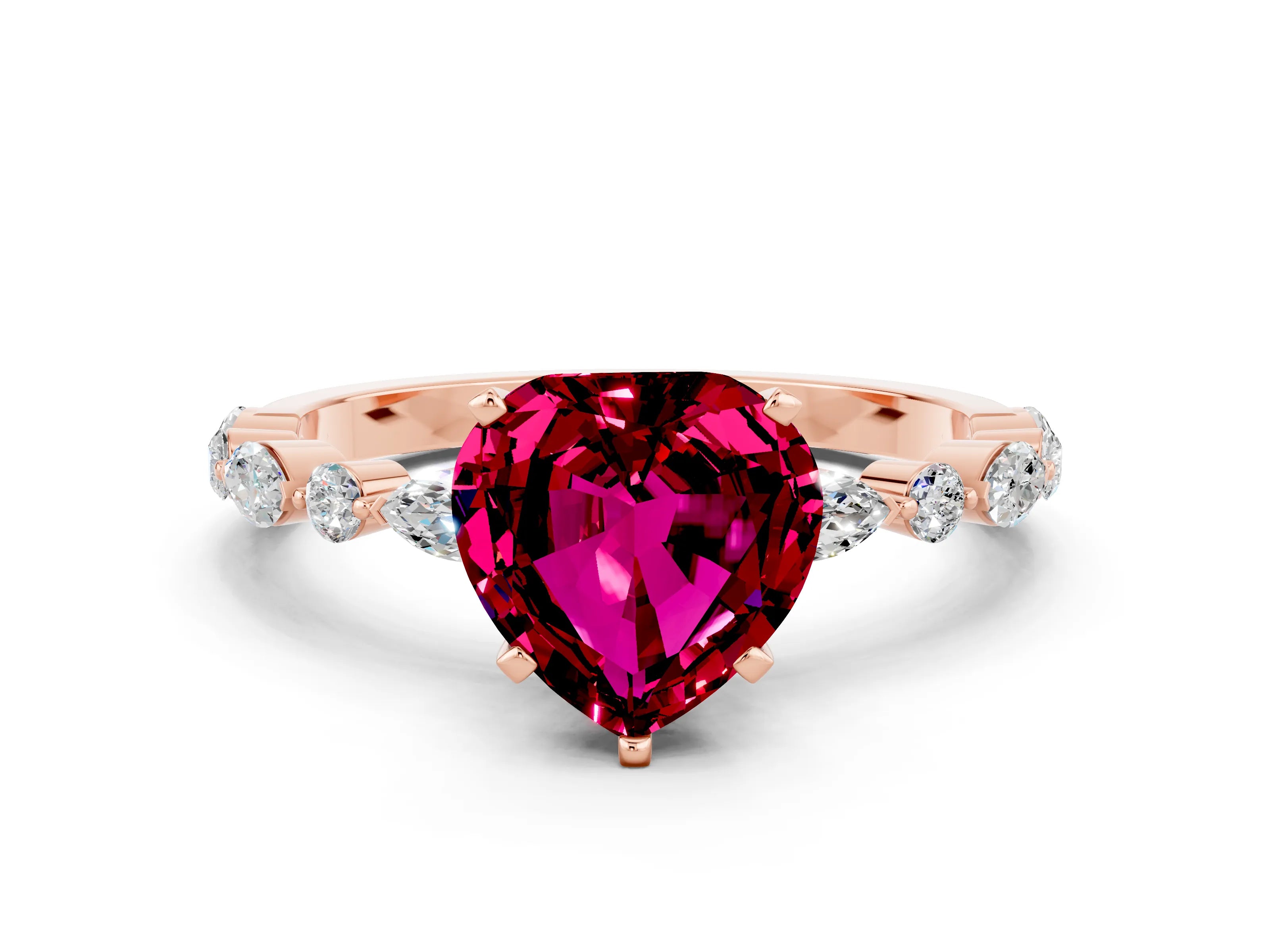 Rose gold Heart Cut Garnet Solitaire with Side Stones on a Pavé Band and Four-Prong Setting