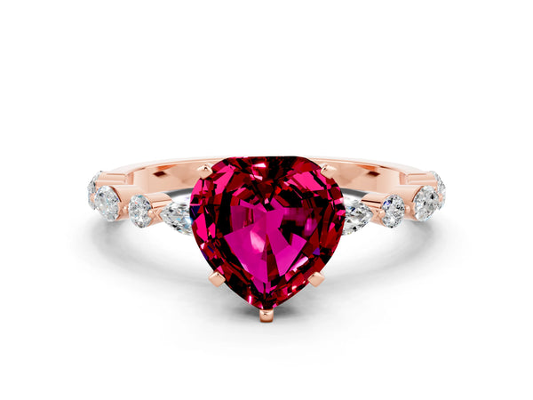 Rose gold Heart Cut Garnet Ring with Marquise and Round  Side Stones and Four-Prong Setting