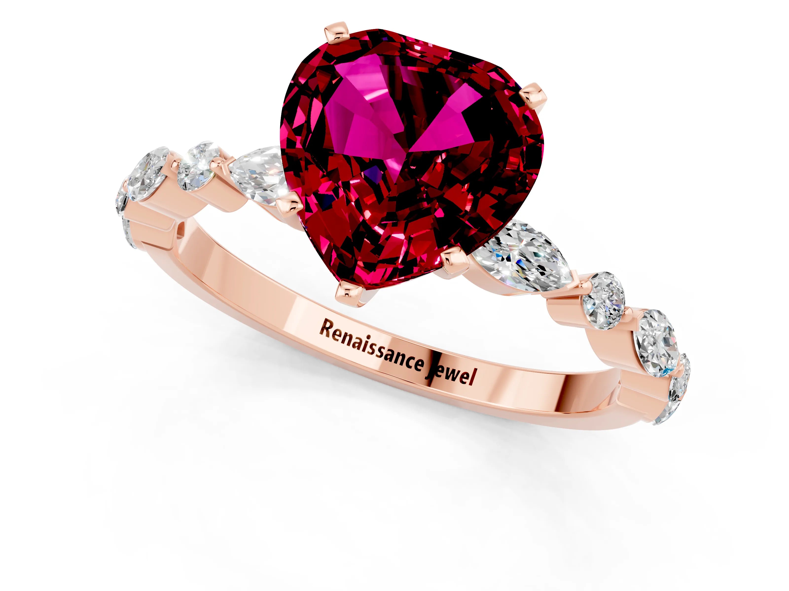 Rose gold Heart Cut Garnet Solitaire with Side Stones on a Pavé Band and Four-Prong Setting_1