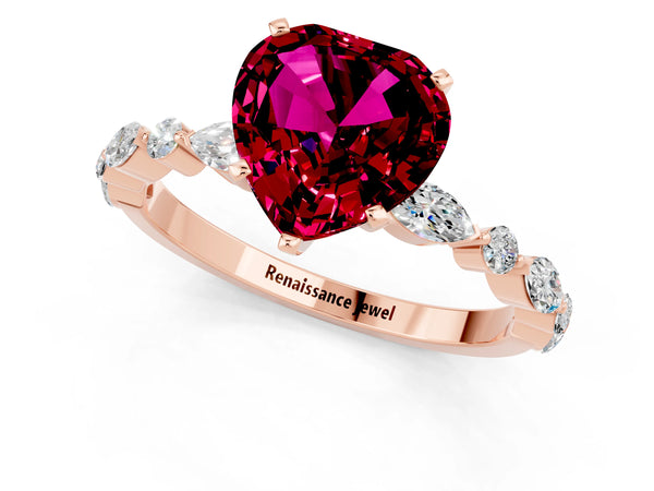 Rose gold Heart Cut Garnet Ring with Marquise and Round  Side Stones and Four-Prong Setting