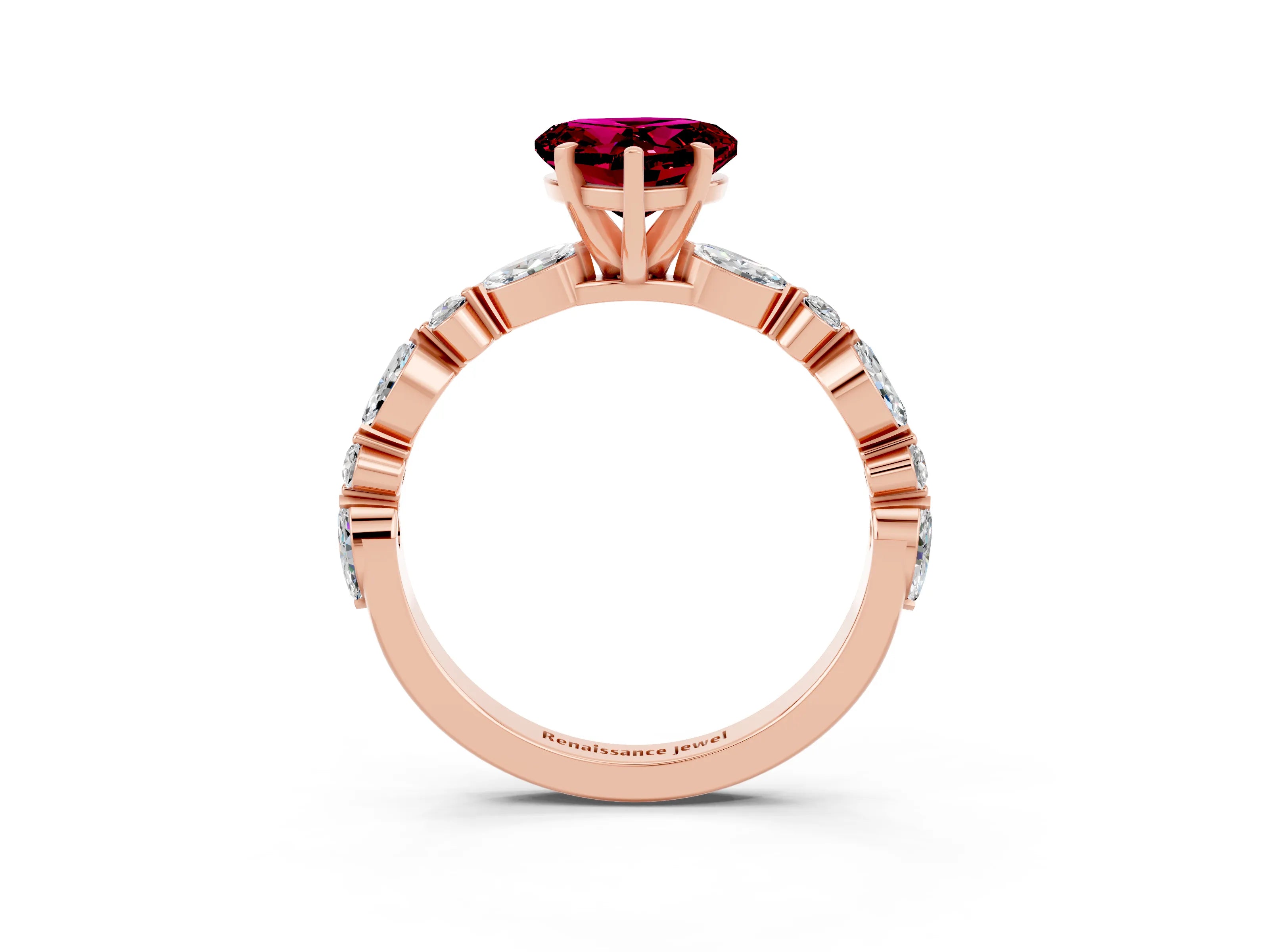 Rose gold Heart Cut Garnet Solitaire with Side Stones on a Pavé Band and Four-Prong Setting_3