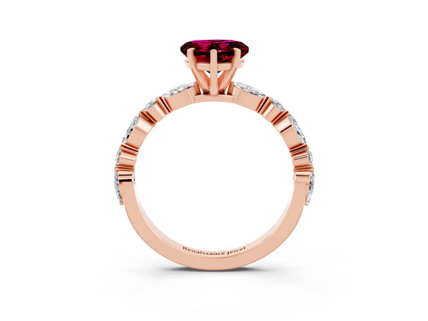 Rose gold Heart Cut Garnet Ring with Marquise and Round  Side Stones and Four-Prong Setting