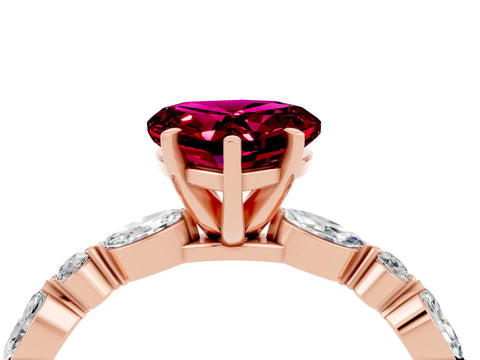Rose gold Heart Cut Garnet Solitaire with Side Stones on a Pavé Band and Four-Prong Setting_4
