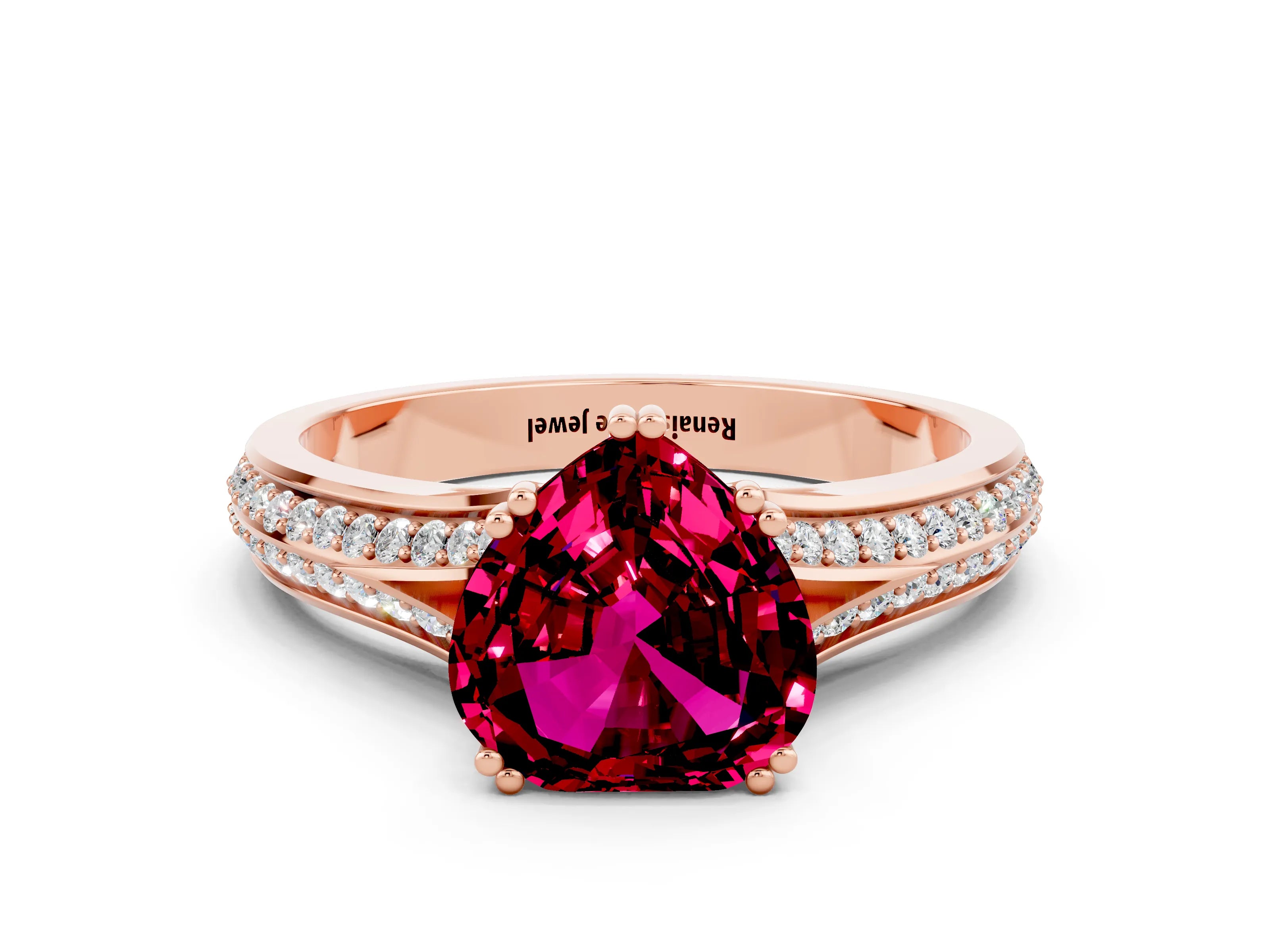 Rose gold Heart Cut Garnet Split Shank Engagement Ring with Pavé Band