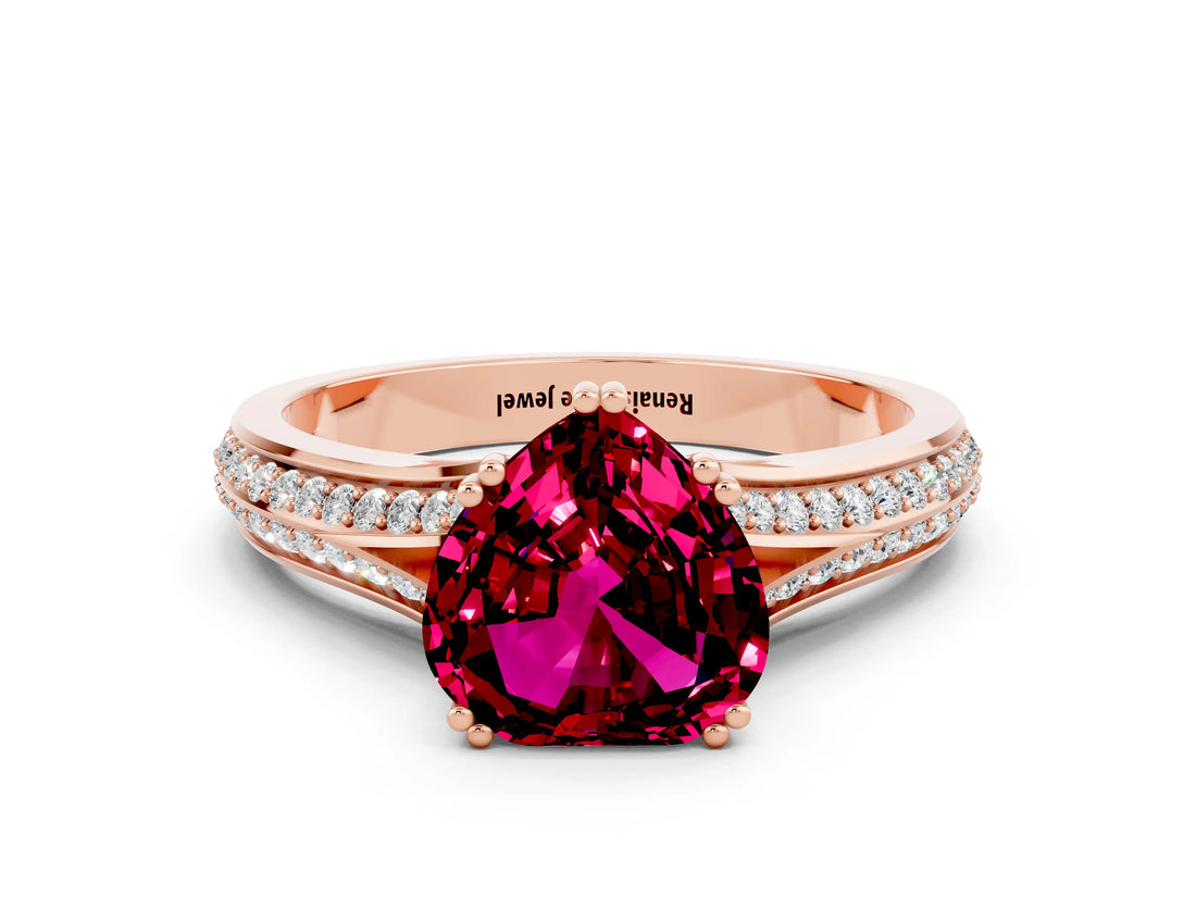 Rose gold Heart Cut Garnet Split Shank Engagement Ring with Pavé Band