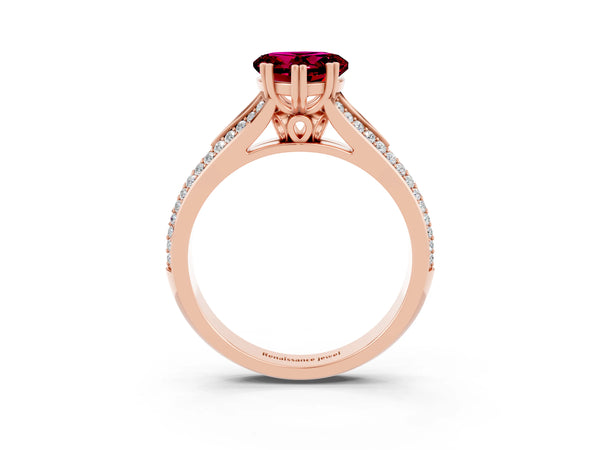 Rose gold Heart Cut Garnet Split Shank Engagement Ring with Pavé Band