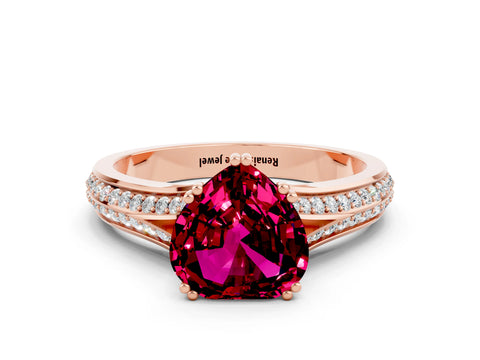 Rose gold Heart Cut Garnet Split Shank Engagement Ring with Pavé Band
