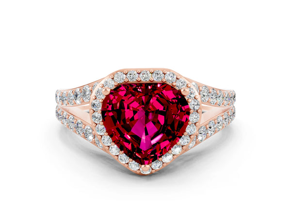 Rose gold Heart Cut Garnet Split Shank Halo Ring with Four-Prong Setting