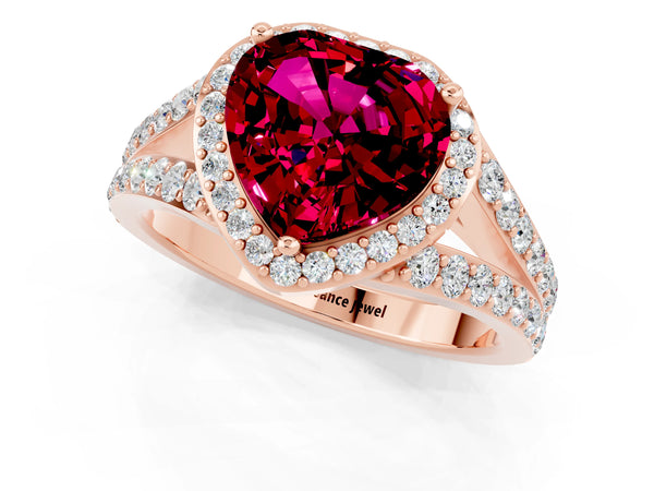 Rose gold Heart Cut Garnet Split Shank Halo Ring with Four-Prong Setting