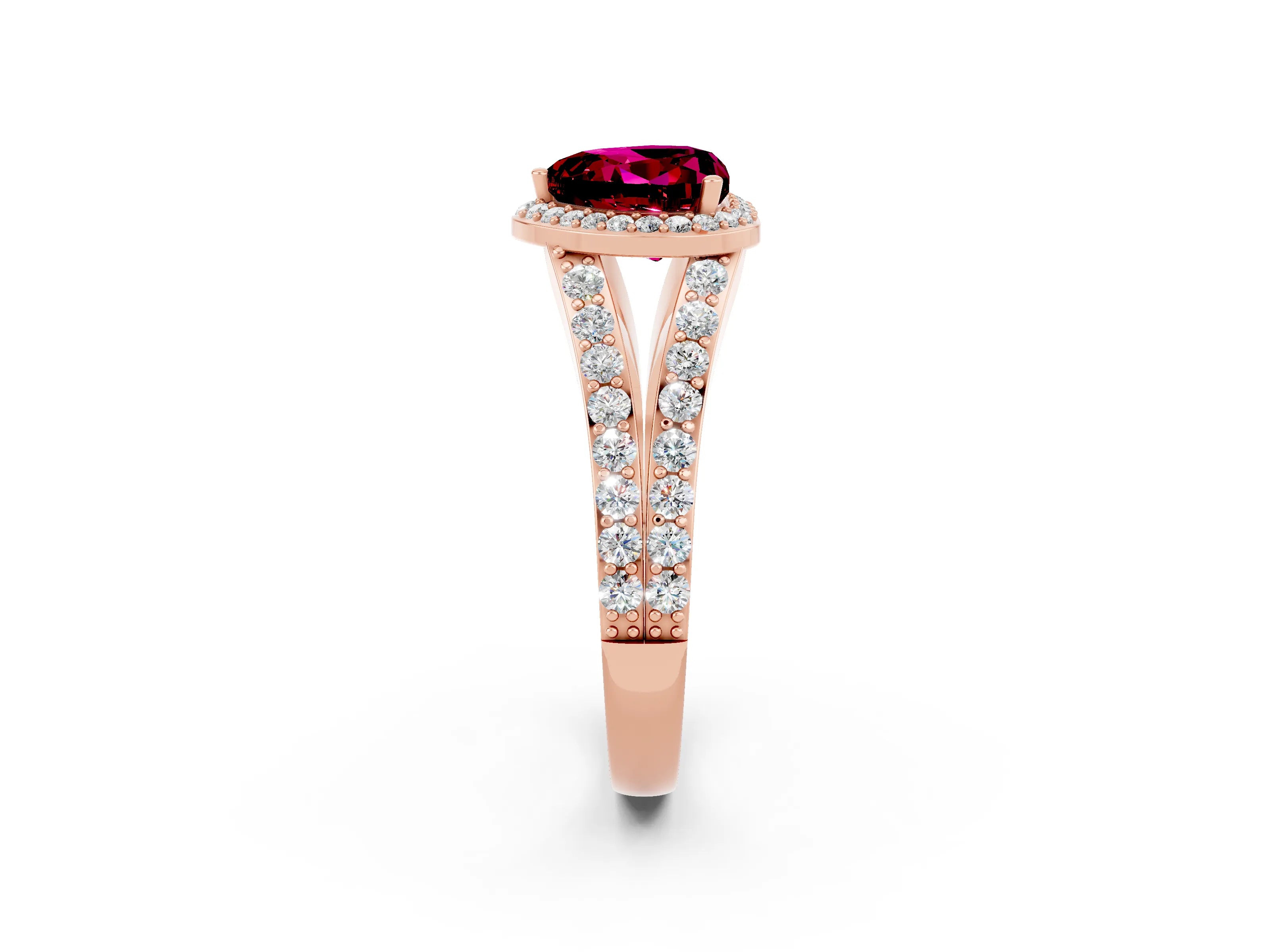Rose gold Heart Cut Garnet Split Shank Halo Ring with Four-Prong Setting_14