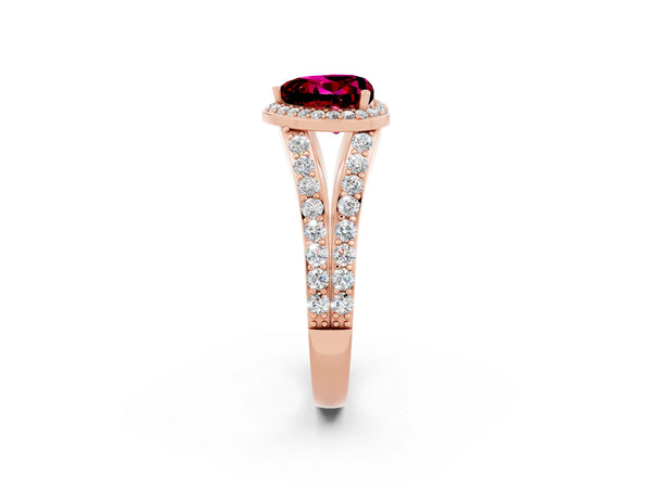 Rose gold Heart Cut Garnet Split Shank Halo Ring with Four-Prong Setting