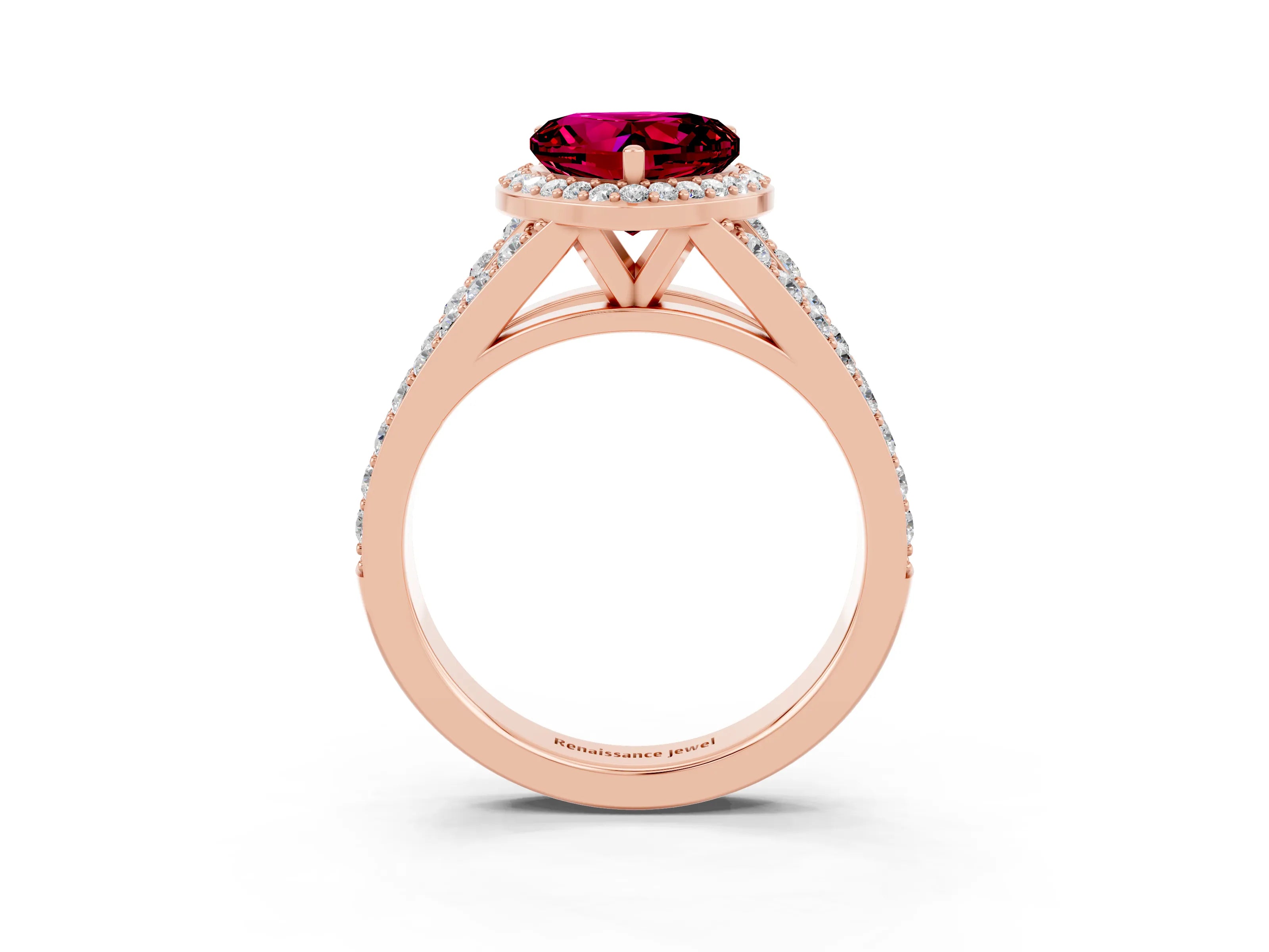 Rose gold Heart Cut Garnet Split Shank Halo Ring with Four-Prong Setting_15