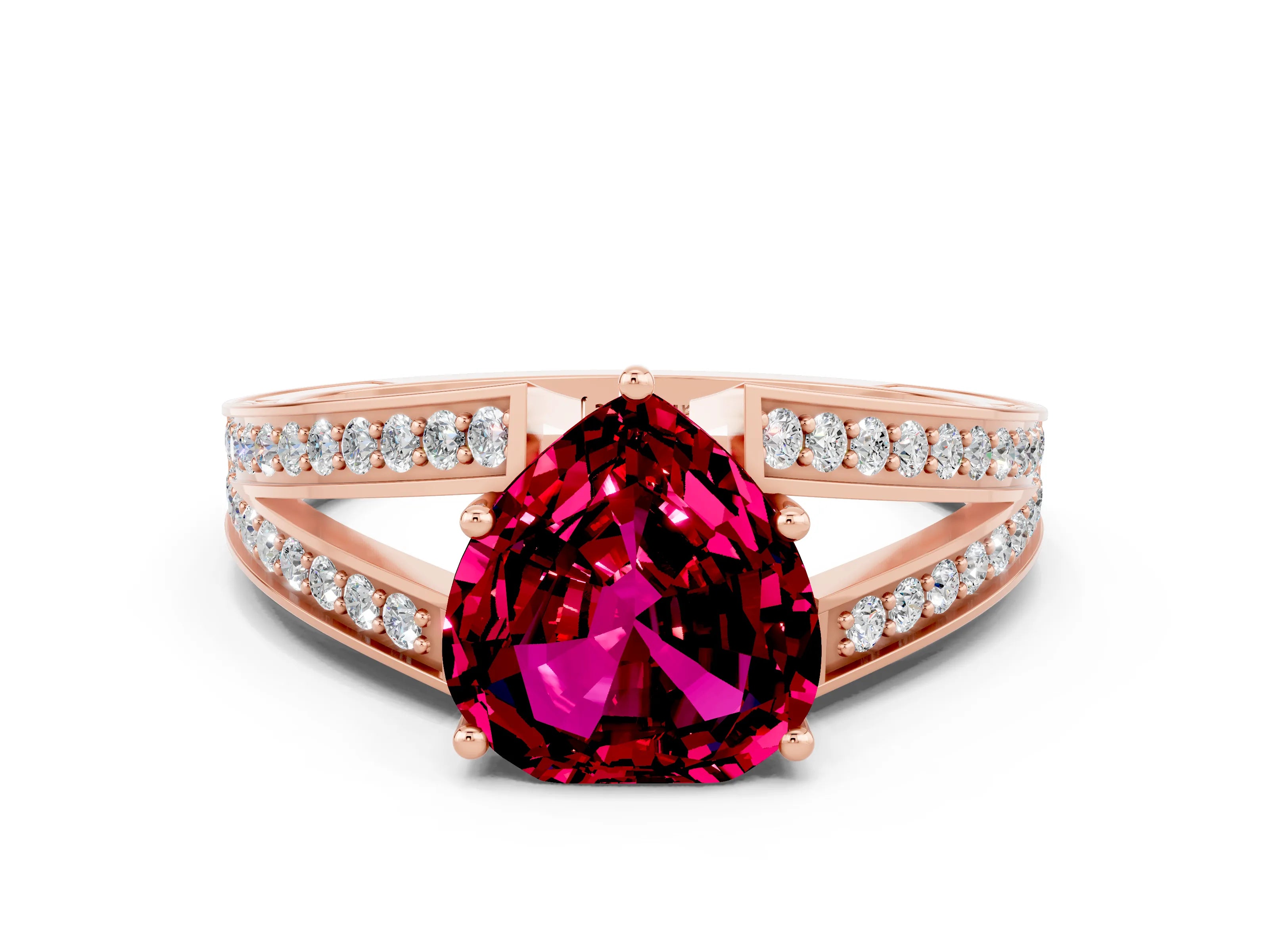 Rose gold Heart Cut Garnet Split Shank Ring with Pavé Band and Four-Prong Setting